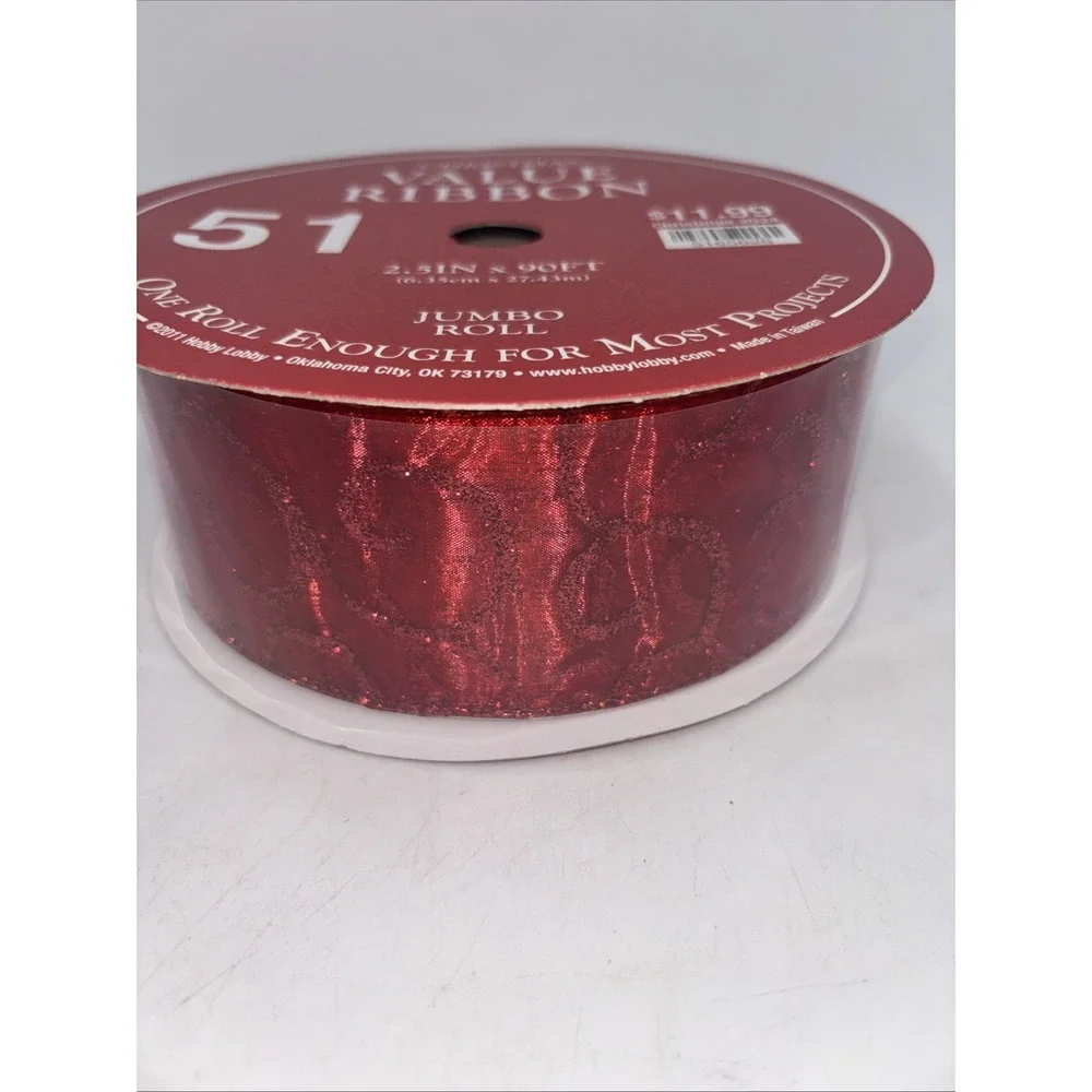 Christmas Value Ribbon Sheer Red Swirl Glitter Print #51 Wired Ribbon 2.5inX90ft